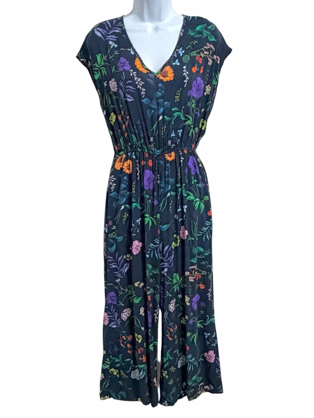 Amour Vert Euro Summer Floral Cropped Jumpsuit Womens M Blue Boho Wide Leg